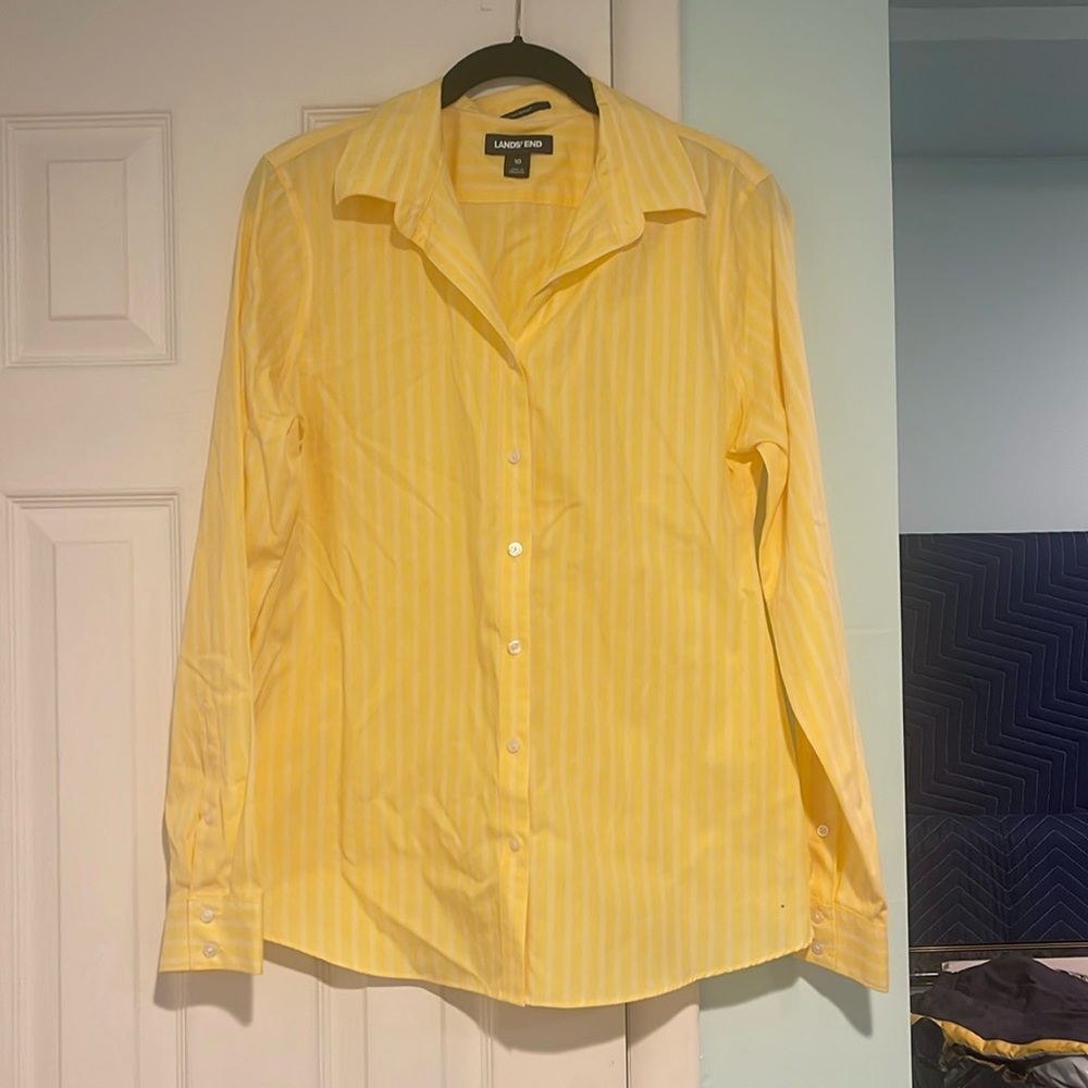 Lands End Supima Yellow stripe button down Shirt size 10